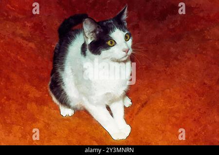 Aquarellbild: Eine wunderschöne schwarz-weiße Katze mit hellgelben Augen sitzt aufrecht auf einer orangen Decke, die Ohren zeigen nach vorne. Stockfoto