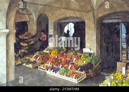 Cannobio, Lago Maggiore, 1980 – Ein Gemüsestand mit frischem Obst und Gemüse in rustikalen Kisten. Stockfoto