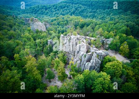 Blick aus der Vogelperspektive auf Felsformationen, umgeben von dichten, üppigen grünen Wäldern. Der Kontrast zwischen felsigen Texturen und lebhaftem Grün schafft eine natürliche Landschaft. Dovbush Rocks, Karpaten, Ukraine. Stockfoto