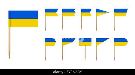 Ukrainische Zahnstocher-Fahnen. Hölzerne Zahnstocher mit Papier ukrainische gelbe blaue Flagge. Symbol für die Unterstützung der Ukraine. Realistischer 3D-Kartenzeiger. Vektorsatz. Stock Vektor