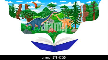 Schulbuch mit prähistorischen Dinosauriern in der Jurassic-Ära-Landschaft. Vektor-Storytelling-Rahmen mit Dino-Arten tauchen auf den Seiten eines offenen Buches auf. Fantasievolle Abenteuer und Entdeckungsgeschichte Stock Vektor