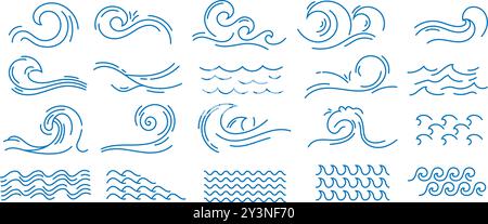Linie Wasserwelle. Einfache, lineare Meeressymbole, Sturmwellen und abstrakte Kritzelsymbole. Wellenförmiger blauer Flusslauf, Surf-Logo-Elemente, Marine nautische Vektor-isolierte Zeichen. Stock Vektor