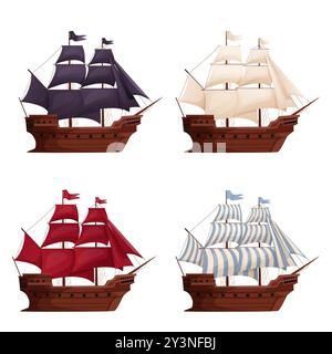 Alte Holzschiffe. Cartoon Segelschiff, scharlachrote Segel Windsegel Segel Piraten Fregatte Kriegsschiff Langboot Schoner, traditionelle alte Segelboot Meer Galeone Vektor Illustration von Boot oder altes Schiff. Stock Vektor