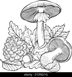 Herbstkomposition im Wald mit Strichkunst aus Pilzen Stock Vektor