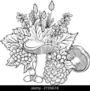 Stillleben im Herbst mit Blättern, Pilzen-Strichkunst Stock Vektor