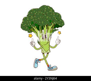 Cartoon groovige Brokkoli Kohl Gemüse Charakter, Vektor Retro Comic. Grooviger funky Brokkoli mit fröhlichem Lächeln im Gesicht und pfeifender Melodie mit guter Vibes Geste und Sternen für groovige Food Emoji Stock Vektor