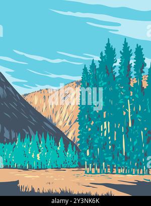 WPA-Plakatkunst der Tuolumne Meadows im östlichen Teil des Yosemite-Nationalparks, Kalifornien, USA, in Arbeiten Projektverwaltung oder Födera Stock Vektor