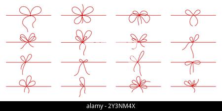 Linie mit Geschenkband. Geschenkbänder mit roter Schleife, minimales Set. Elegante Weihnachtsverpackungen, festliches Geschenk. Rahmenskizze des Konturrahmens. Hand gezeichneter Kritzelstrich isolierte Vektorillustration Stock Vektor