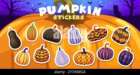 Halloween Ornament Kürbisse Aufkleber Pack Set für Feiertag Horror Nacht, Zeichentrickvektor. Halloween-Aufkleber mit bemalten Kürbissen mit orangefarbenen, schwarzen und lila Mustern aus Linien und Punkten Stock Vektor