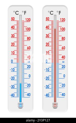 Wetterthermometer. Set von Thermometern mit kalten und heißen Temperaturen. 3D-Rendering isoliert auf weißem Hintergrund Stockfoto