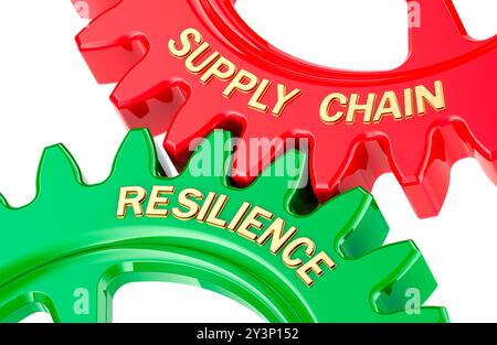 Supply Chain Resilience Concept mit farbigen Zahnrädern. 3D-Rendering isoliert auf weißem Hintergrund Stockfoto