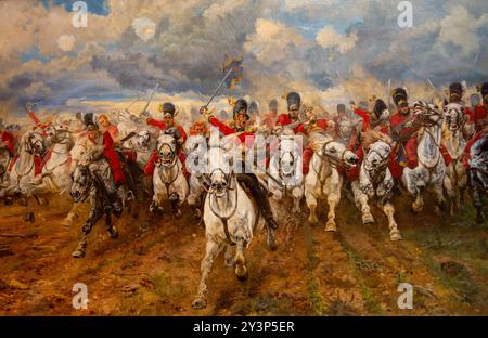 Schottland Für Immer. Die Royal Scots Greys laden in Waterloo ein Gemälde von Lady Elizabeth Butler ein Stockfoto