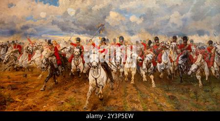 Schottland Für Immer. Die Royal Scots Greys laden in Waterloo ein Gemälde von Lady Elizabeth Butler ein Stockfoto