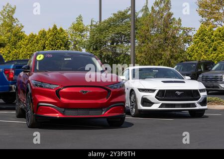 Zionsville - 12. September 2024: Ford Mach-E Mustang und Mustang GT Coupé werden in einem Händlerbetrieb ausgestellt. Ford bietet Gas-, Hybrid- und BEV-Optionen an. MEIN:2024 Stockfoto