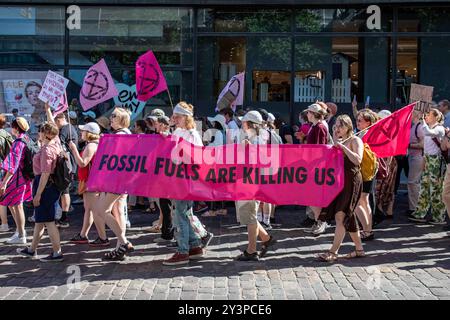 Fossile Brennstoffe bringen uns um. Demonstranten marschieren mit rosa Fahne bei der finnischen Demonstration Sturmwarnung gegen den Klimawandel von Extinction Rebellion. Stockfoto