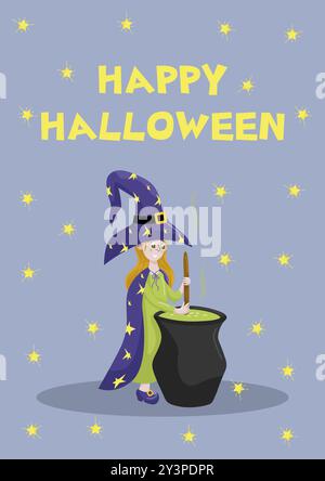 Happy Halloween Illustration mit einer Hexe, die einen Trank in einem Kessel braut. Halloween für Kinder. Vektorillustration im Cartoon-Stil Stock Vektor