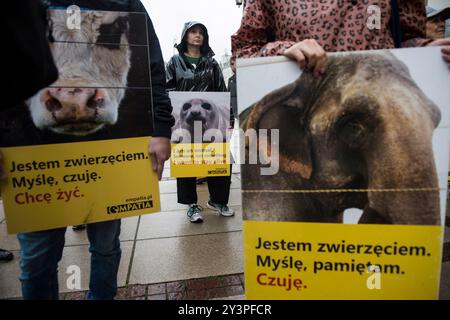 Die Demonstranten halten während des Animal Liberation Marsches Plakate. Unter dem Motto "Animal Liberation March" protestierten mehrere Hundert Menschen in Warschau. Tiere haben Gefühle, sind Stress ausgesetzt und sind empfindlich auf Schmerzen - sagten die Organisatoren des Protestes. Die Teilnehmer des marsches protestierten friedlich gegen den Schaden, den Tiere erleiden, und propagierten gleichzeitig die Ideen des Veganismus. Die Demonstranten verlangten auch Respekt vor Tieren, Rechten und deutlich mehr Empathie. Der Protest wurde von der Empatia-Organisation organisiert. Stockfoto