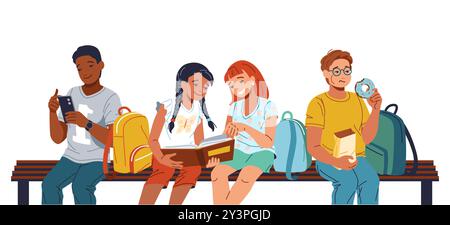Diverse Schulkinder, die auf einer flachen Ablage ruhen Stock Vektor