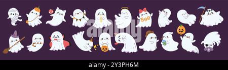 Niedliche Geister Halloween Charaktere flache Farbe Vektor Icon Set Stock Vektor