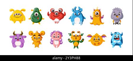 Niedliche Monster Charaktere flache Farbe Vektor-Symbol Set Stock Vektor