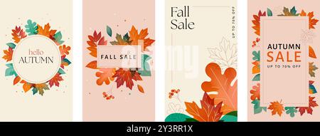 Herbst, Herbsthintergrund, vertikale Designs, Karten, Banner. Herbstlaub Muster, Landschaft, Verkaufsschablone. Vektorillustration, Banner, Karten Stock Vektor