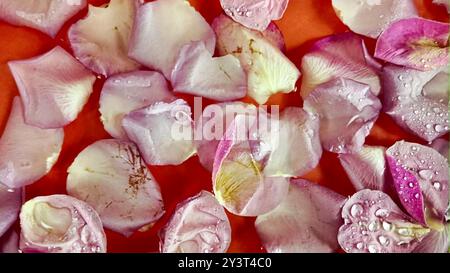 Rosenblätter im Wasser mit fallenden Regentropfen. Natürliche Rosenblätter bewegen sich im Wasser auf violettem Hintergrund. Romantik, Hochzeitstag, Valentinstag Stockfoto