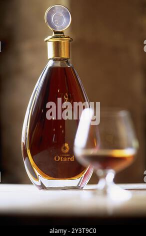 FRANKREICH. CHARENTE (16) WEINGARTEN COGNAC. STADT COGNAC. COGNAC OTARD HAUS UND SCHLOSS. GLAS UND FLASCHE EINES 1795 ALTEN COGNAC Stockfoto