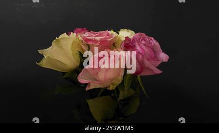 Strauß aus roten und weißen Rosen auf schwarzem Hintergrund. Blühende Rosen auf dunklem Hintergrund. Rosen und Noir Vibe Stockfoto