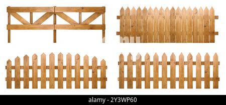 Verschiedene hölzerne Zäune isoliert auf weiß, gesetzt Stockfoto