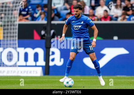 Sinsheim, Deutschland. September 2024. Florian Grillitsch (Hoffenheim, 11), am Ball, Freisteller, Ganzkörper, Einzelbild, Einzelfoto, Aktion, 14.09.2024, Sinsheim (Deutschland), Fussball, Bundesliga, TSG 1899 Hoffenheim - Bayer 04 Leverkusen, DFB/DFL-VORSCHRIFTEN VERBIETEN DIE VERWENDUNG VON FOTOGRAFIEN ALS BILDSEQUENZEN UND/ODER QUASI-VIDEO. Quelle: dpa/Alamy Live News Stockfoto