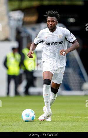 Sinsheim, Deutschland. September 2024. Edmond Tapsoba (B04, 12), am Ball, Freisteller, Ganzkörper, Einzelbild, Einzelfoto, Aktion, 14.09.2024, Sinsheim (Deutschland), Fussball, Bundesliga, TSG 1899 Hoffenheim - Bayer 04 Leverkusen, DFB/DFL-VORSCHRIFTEN VERBIETEN DIE VERWENDUNG VON FOTOGRAFIEN ALS BILDSEQUENZEN UND/ODER QUASI-VIDEO. Quelle: dpa/Alamy Live News Stockfoto