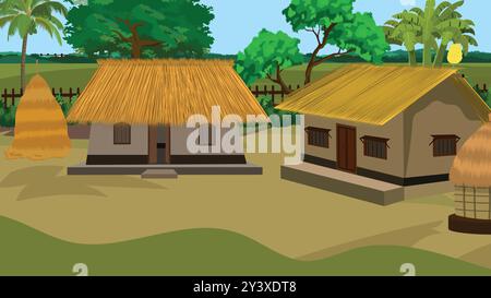 Die armen Bauern im indischen Dorf hütten im Feld. Asiatische ländliche Hütte Vektor-Illustration mit Schlammhütte und Strohdach und einem Erntegutlager Stock Vektor