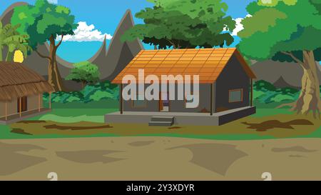 Ländliche Dorflandschaft für Zeichentrickfilm, Straßenlandschaft, indisches armes Schlammhaus, Bauernhaus, Dorflandschaft, Zinnschattenhaus, Strohhütte, indisches Dorf Stock Vektor