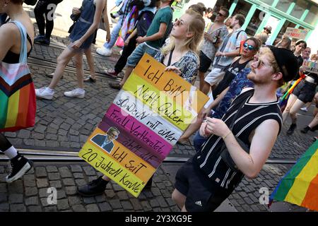 CHRISTOPHER STREET DAY 2024 - Erfurt - CSD - morgens 7. September 2024 zieht der CSD mit mehreren tausend Teilnehmern unter dem Motto für ein buntes Erfurt keinen Schritt zurück in Erfurt durch die Innenstadt. Er ist der CSD mit der längsten Tradition in Thüringen und eine Demonstration gegen Diskriminierung und für Gleichstellung, Akzeptanz und Toleranz. Das CSD Erfurt Bündnis setzt sich seit Jahren für die Akzeptanz queerer Menschen innerhalb von Erfurt ein. Demoschild: Ich BIN NICHT QUEER, Sondern mit einer Frau VerHeiraTet, ähM die ich seit 20 Jahre kenne - Abbildung: Alice Weidel Politikeri Stockfoto