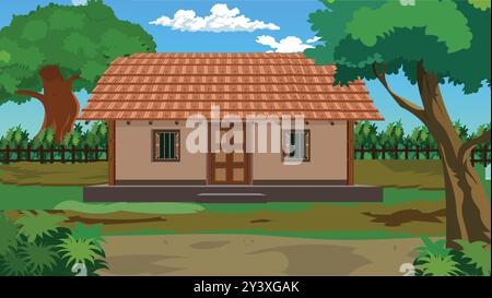 Indisches Dorfhaus Hintergrund für Zeichentrick-Animationslandschaft mit Dorf Dorf Bauernhaus, altes indisches Landhaus mit rotem Ziegeldach Stock Vektor