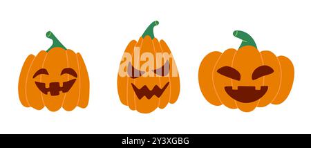 Kürbis auf weißen Hintergrund setzen. Orangefarbener Kürbis mit einem Lächeln für dein Design für Weihnachten Halloween. Vektorabbildung Stock Vektor