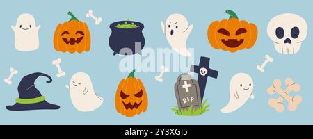 Spaß Halloween Vektor Illustration Set mit niedlichen Geistern, Kürbissen, Schädeln, Knochen, Hexenhüten, und Kessel. Perfekt für festliche Partyeinladungen Stock Vektor