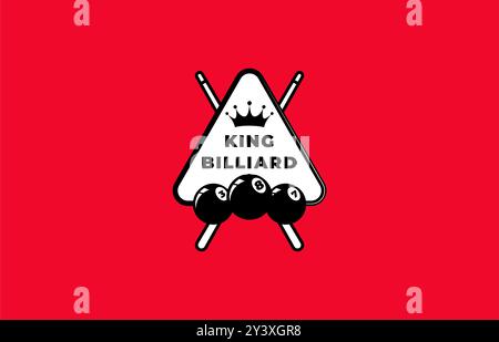 Logo Billard König mit Stock, Ball und Krone, Sport, Spiel, Strategie. Bearbeitbare Datei Stock Vektor