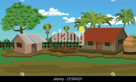 Eine Zeichentrickzeichnung eines Dorfes mit ein paar Häusern und einer Palme. Die Häuser sind klein und aus Stroh. Die Szene ist friedlich und einfach Stock Vektor