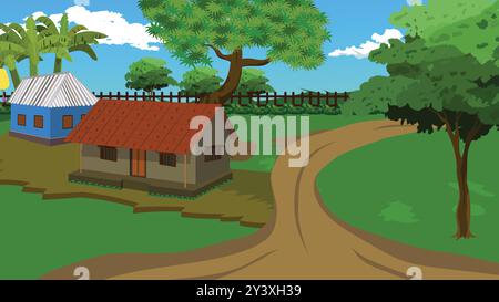 Eine Zeichentrickzeichnung einer ländlichen Gegend mit zwei Häusern und einer Straße. Zeichentrickfilm Dorfstraße Hintergrund Illustration Stock Vektor