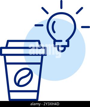 Kaffee in Tassen zum Mitnehmen und Glühbirne. Kreativität und Produktivität steigern. Pixelperfektes, bearbeitbares Konturvektorsymbol Stock Vektor