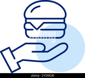 Hamburger und Hand. Essenslieferung, schnelles Essen zum Mitnehmen. Pixelperfektes, bearbeitbares Konturvektorsymbol Stock Vektor