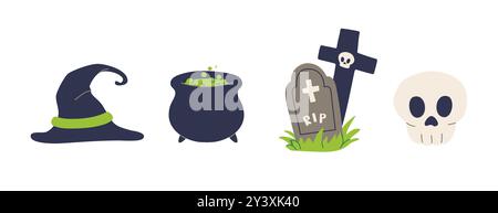 Halloween Essentials Vektor Set Hexenhut, Wasserkessel, Grabstein und Schädel. Perfekt für gruselige Grafiken, Partydekor, Einladungen und Stock Vektor