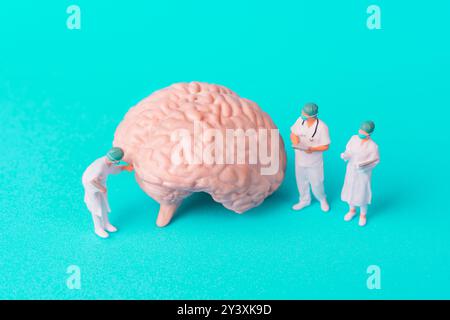 Gruppe von Miniaturärzten, die ein Hirnmodell untersuchen, das den Bereich der Neurologie und medizinischen Forschung hervorhebt. Stockfoto