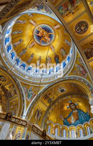 Belgrad, Serbien - 29. April 2024: Exquisite goldene Fresken und kunstvolle Architektur zieren die Decken und Wände der Kirche Saint-Sava in Belgr Stockfoto