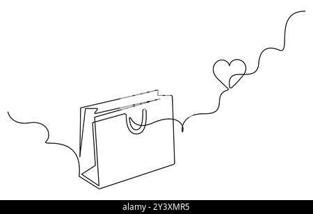 Durchgehende, einzeilige Zeichnung der Einkaufstasche. Einfache einzeilige Kunst Papiertüte Vektor Illustration Stock Vektor