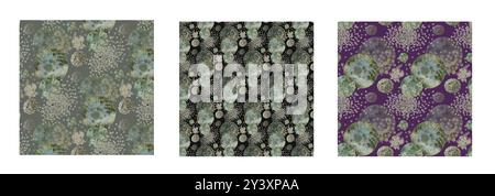 Nahtloses abstraktes Raummuster mit Planeten und Sternen in einer grünen grau-beigen Palette. Aquarellvorlage für Hintergrundbilder, Einladungen, Menüs, Karten, Stockfoto