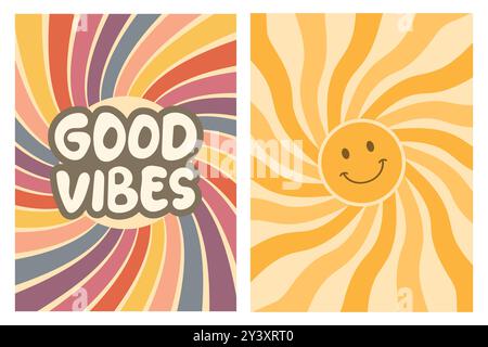 Zwei Illustrationen im Retro-Stil mit „Good Vibes“ und einer lächelnden Sonne, beide vor einem Hintergrund farbenfroher, wirbelnder Linien. Stock Vektor