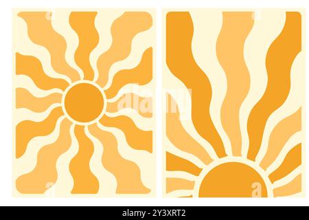 Eine minimalistische digitale Illustration, die eine abstrakte Sonne mit Wellenstrahlen in zwei Variationen darstellt. Stock Vektor