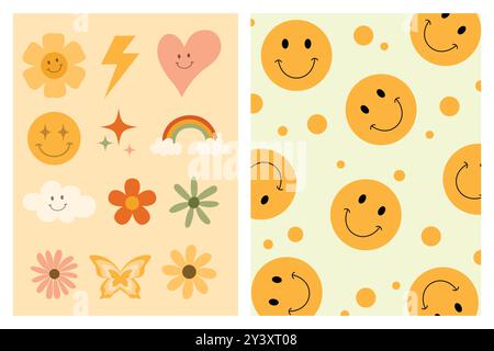 Eine Sammlung von Retro-inspirierten Illustrationen mit lächelnden Gesichtern, Blumen und anderen fröhlichen Motiven. Stock Vektor